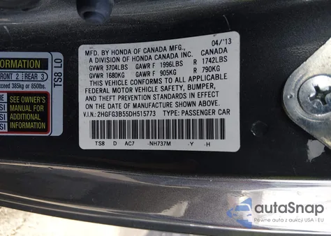 2013 Honda Civic Lx z USA, uszkodzony, nr VIN 2HGFG3B55DH515773